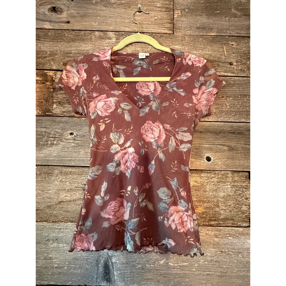 Sweet Pea Floral Mesh Whimsigoth Fairycore Cap Sleeve Layered Top size small